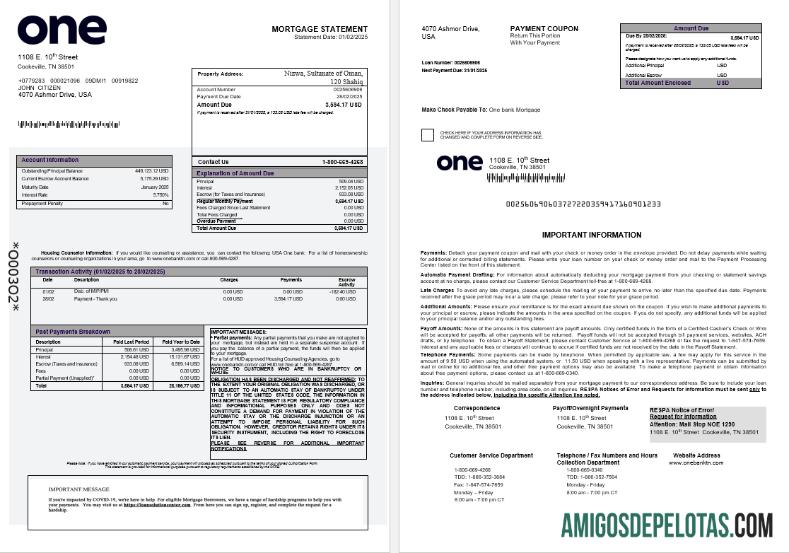 Extrato de hipoteca do USA One Bank em formatos Word e PDF 1 2 baixar para verificação